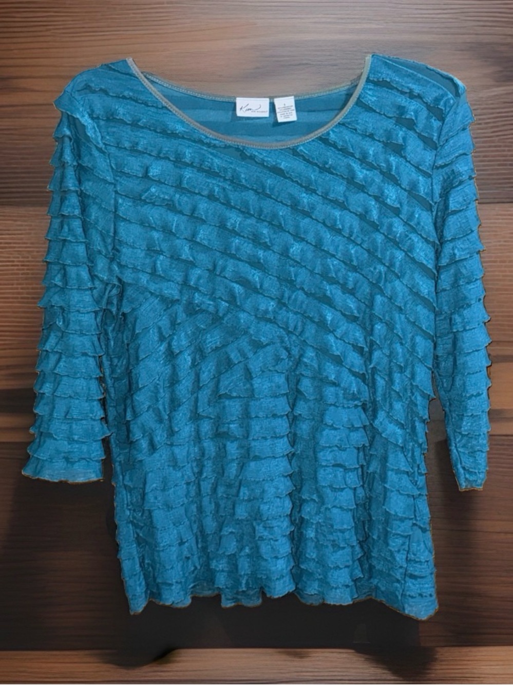 Kim Rogers Women’s Teal Ruffle Layered 3/4 Sleeve Top—L-EC